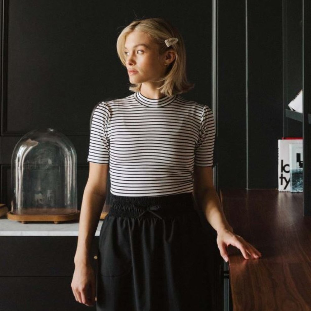 Albion Puff Sleeve Tee, White and Black Stripe